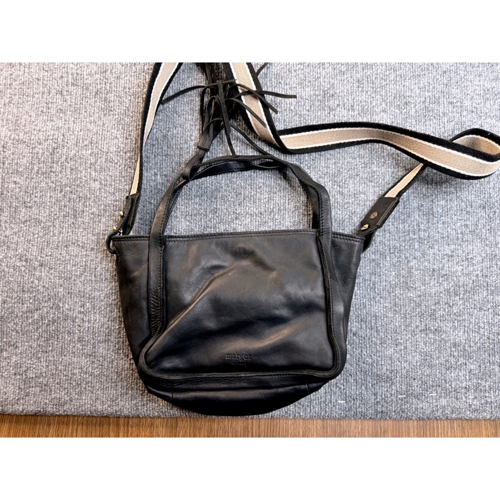 Margot New York Black Genuine Leather Crossbody Bag Webbed Strap Tassel Large